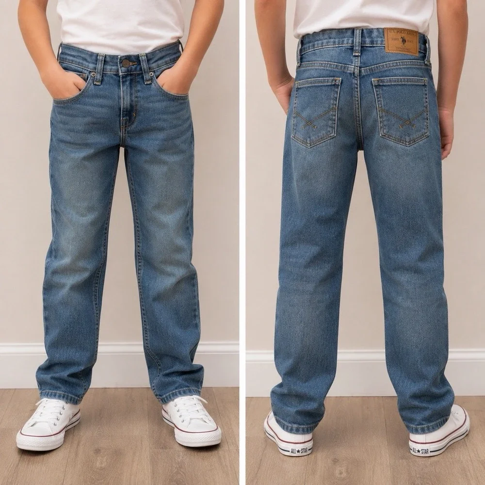 U.S. Polo Assn Boys Jeans Size 12 Blue Straight Leg Stretch Denim Logo Adj Waist
